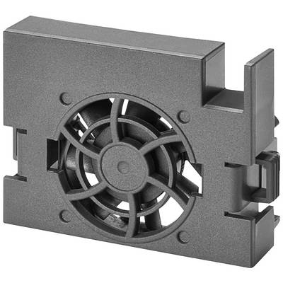 Een zwarte, rechthoekige ventilator met ronde schoepen in het midden, geschikt voor de koeling van elektronische apparaten.
