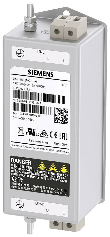 Grijze Siemens-filter met modelnummer, elektrische specificaties en waarschuwingen. Aansluitklemmen boven en onder.