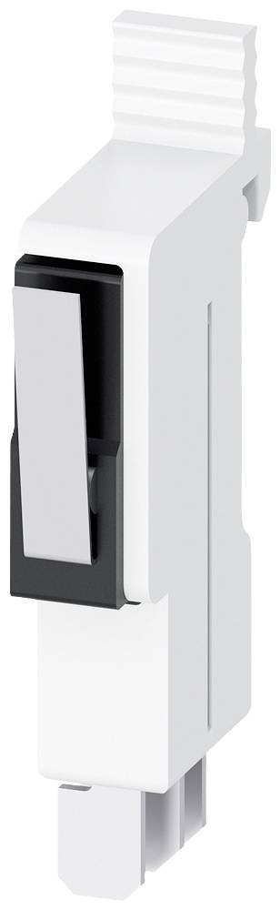 Elektrocomponent, mogelijk een schakelaar of vermogensschakelaar, gemonteerd op een DIN-rail, gebruikelijk in schakelkastinstallaties.
