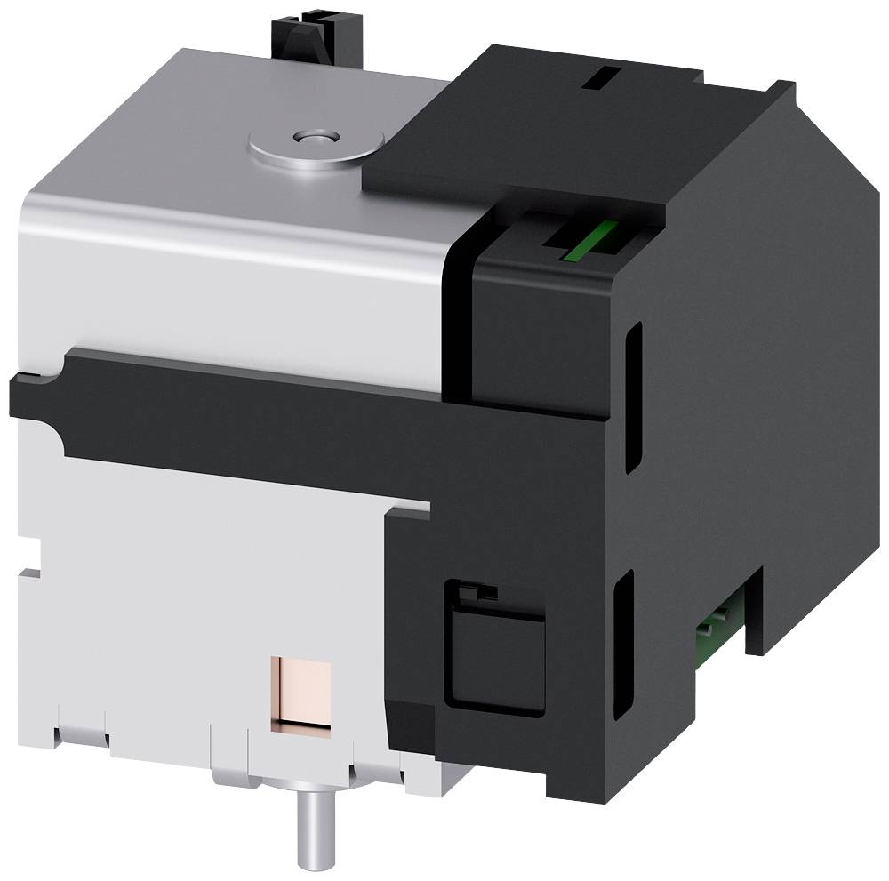 Een rechthoekig elektronisch onderdeel met een zwarte en zilveren behuizing en een kleine, uitstekende metalen pin.