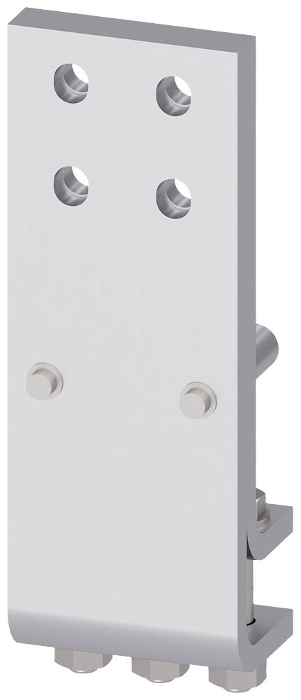 Zilveren, rechthoekig metalen onderdeel met vier schroefgaten en twee extra schroeven aan de zijkant. Gebruikt in mechanische toepassingen.