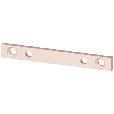 Een rechthoekige, lichtbruine metalen strip met vier gelijkmatig verdeelde gaten.