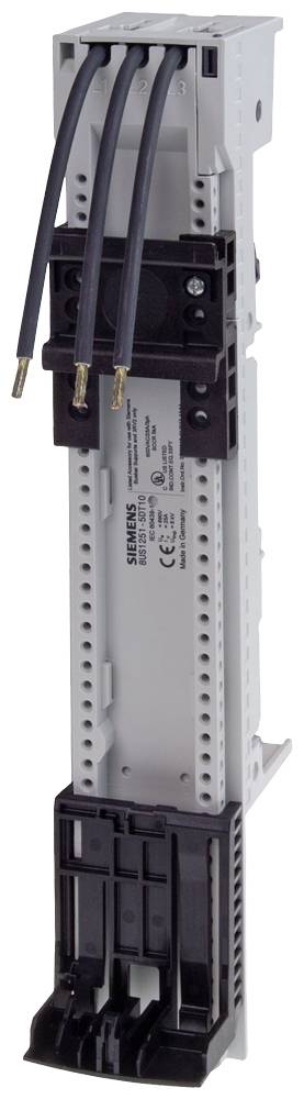 Een grijze elektrische connector met drie ingevoerde zwarte kabels. Zijaanzicht, toont technische details en merkenlogo.