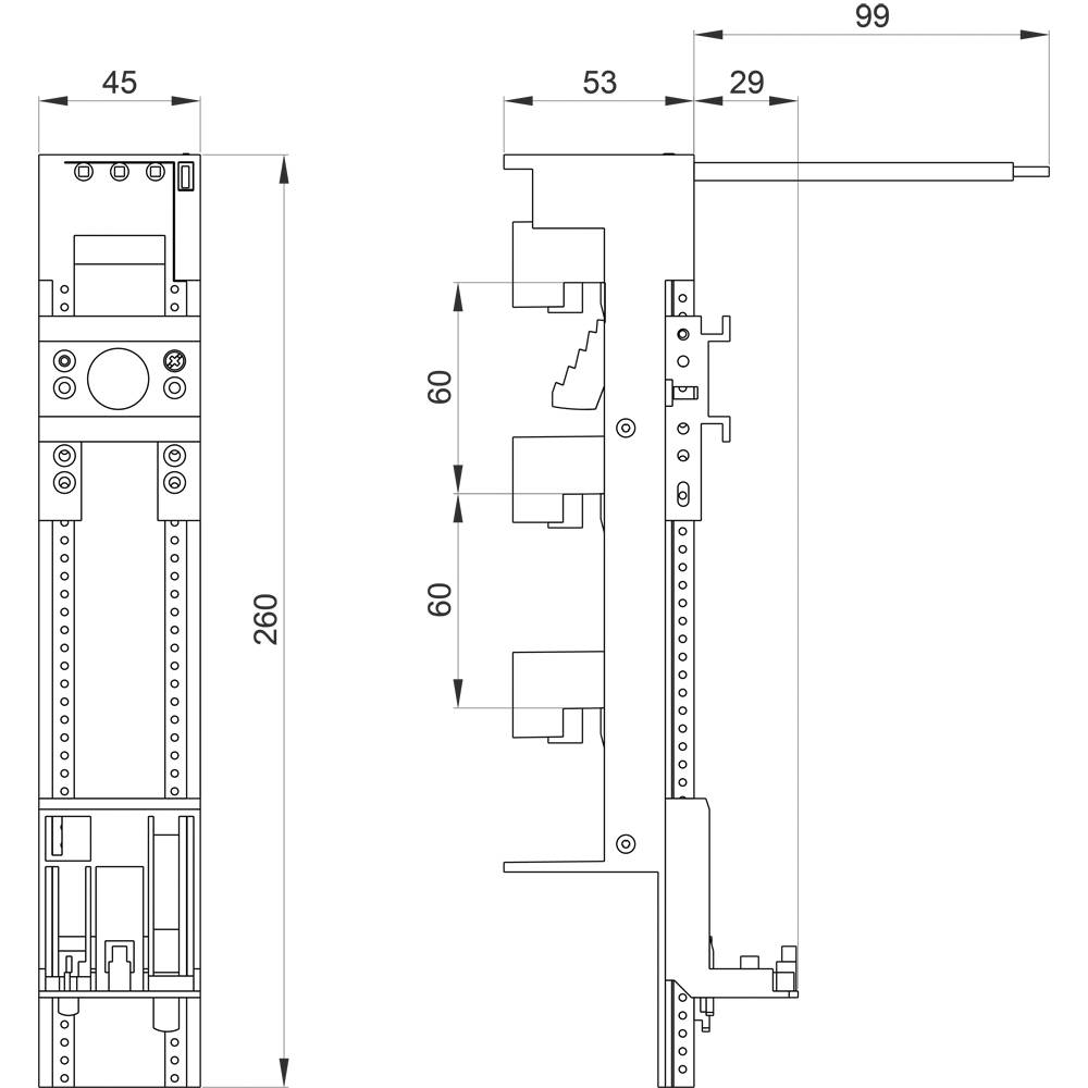 Technische tekening van een mechanisch onderdeel met afmetingen. Zij- en vooraanzicht. Afmetingen: 260 mm hoogte, 45 mm en 99 mm breedte.