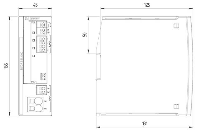 Technische tekening van een elektronisch apparaat met label 'STOP SET'. Afmetingen: hoogte 135mm, breedte 45mm, diepte 131mm.