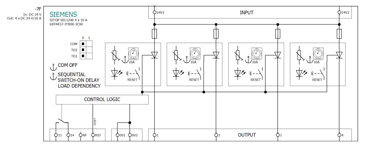 'Schematisch diagram van Siemens-circuit. Inclusief besturingslogica, ingang- en uitgangsecties met sequentiële inschakelvertraging afhankelijk van belasting.'