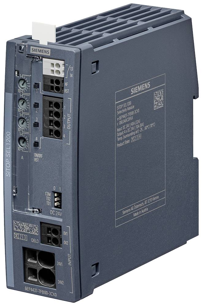 Industriële voedingseenheid van Siemens, model SITOP SEL1200, toont ingangs- en uitgangsklemmen voor 24V DC.
