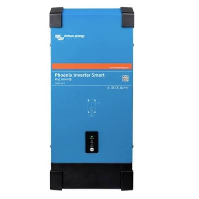 Een blauwe 'Phoenix Inverter Smart' van Victron Energy, modelnummers en technische symbolen zichtbaar.