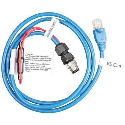 'Blauw kabel met VE.Can-stekker en NMEA2000-aansluiting. Labels voor apparaatcompatibiliteit. Belangrijk voor netwerkaanleg.'