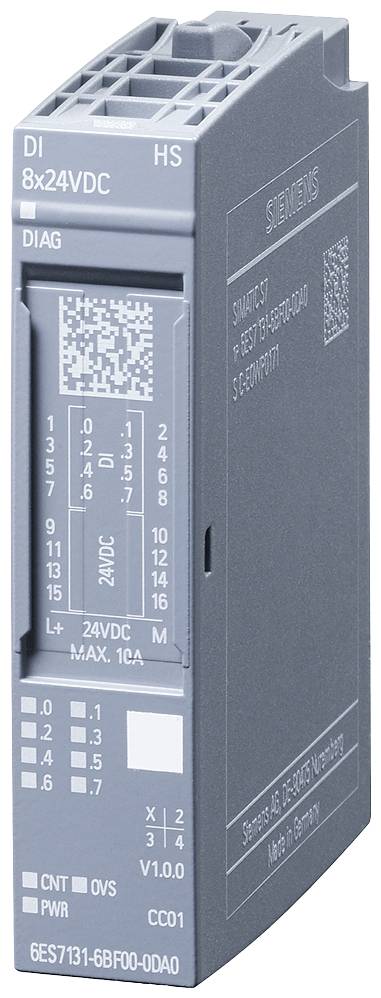 'Grijs Siemens-module, DI 8x24VDC, met meerdere aansluitingen en LED-indicatoren voor diagnose. Modelnummer: 6ES7131-6BP00-0AA0.'