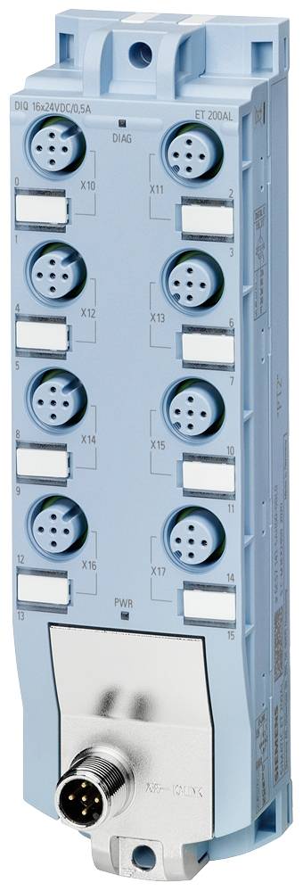 Een blauw, rechthoekig elektrisch module met meerdere aansluitingen, gelabeld van X1 tot X16, wordt gebruikt voor industriële automatisering.