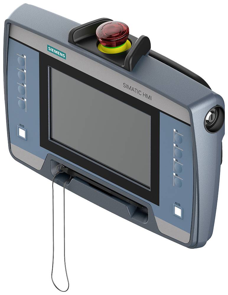 Een draagbaar Siemens SIMATIC HMI-apparaat met een groot display en een rode noodstopknop bovenaan, geschikt voor machinebediening.