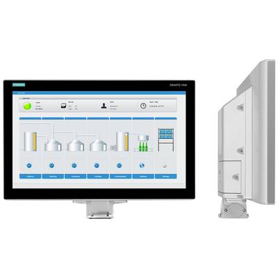Industrieel display toont bedieningsinterface voor procescontrole. Diagram met tanks en status. Merklogo bovenaan.