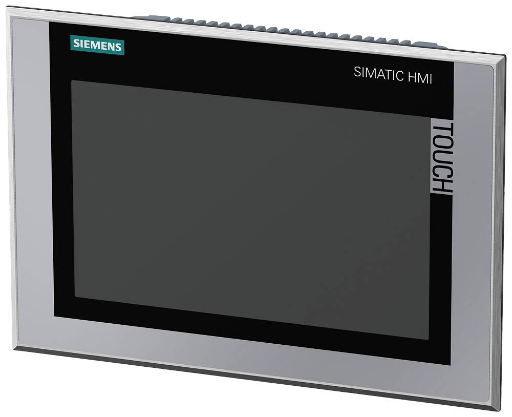 Een Siemens Simatic HMI-touchpanel met een zwart scherm en grijze rand, linksboven het Siemens-logo.