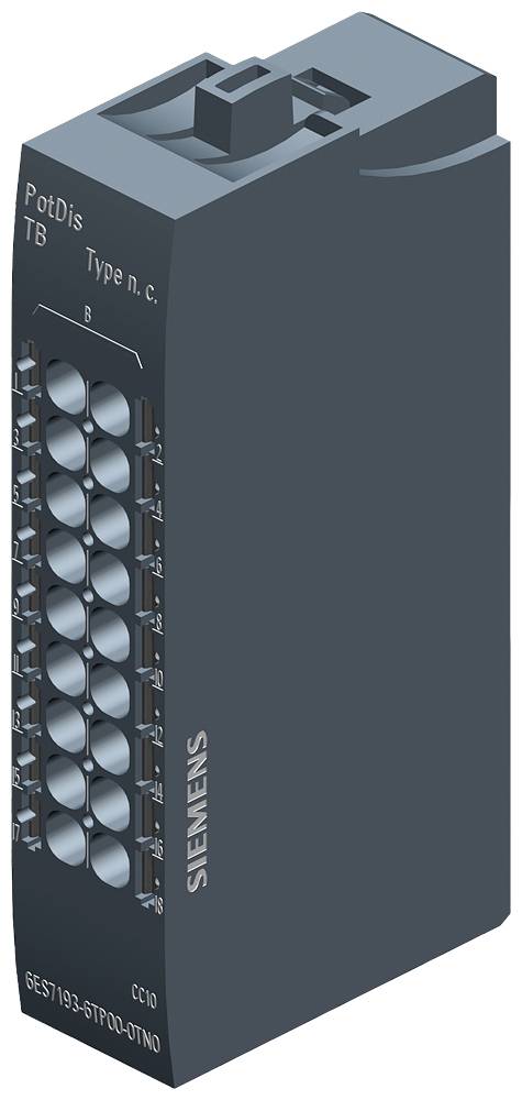 Een Siemens-module met meerdere aansluitingen, gemarkeerd als 'PotDis TB Type n.c.', gebruikt in elektrische installaties.