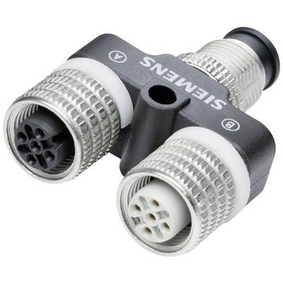 Twee verbonden industriële connectoren met het opschrift 'Siemens', een zwarte behuizing, zilveren aansluitingen en gemarkeerde letters 'A' en 'B'.