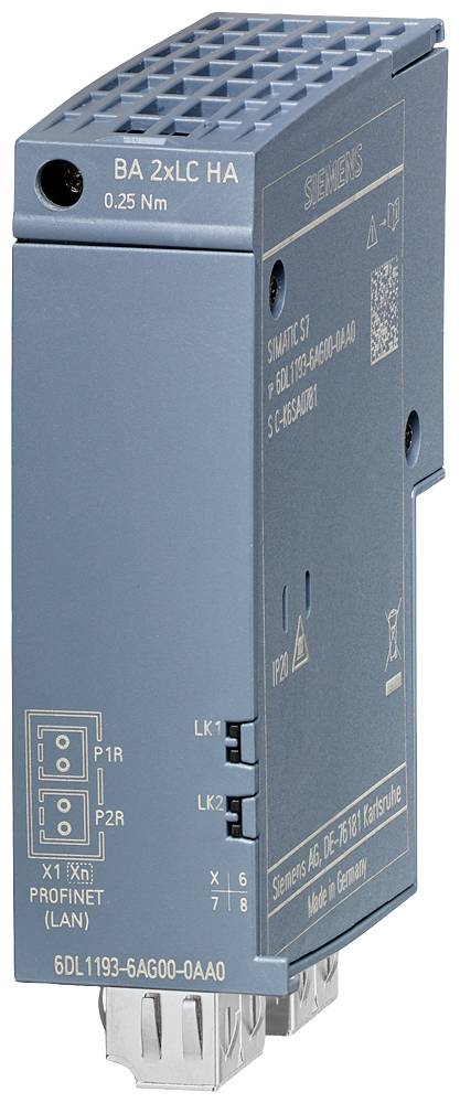 Een blauw Siemens-module met het opschrift '6DL1193-6AG00-0AA0' en aansluitingen voor Profinet (LAN); voor industriële automatisering.