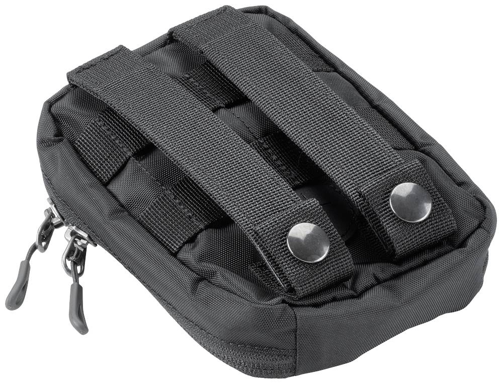 Zwarte, rechthoekige tas met rits en twee draaglussen aan de achterkant. Hij is compact en ziet er stevig uit.