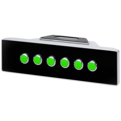 Een rechthoekig apparaat met zes groene, verlichte knoppen op een rij. Het lijkt een bedieningspaneel of besturingselement te zijn.