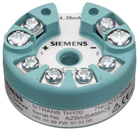 Een ronde, turquoise Siemens SITRANS TH100 temperatuursensor met zes aansluitpunten, serienummer en technische specificaties.
