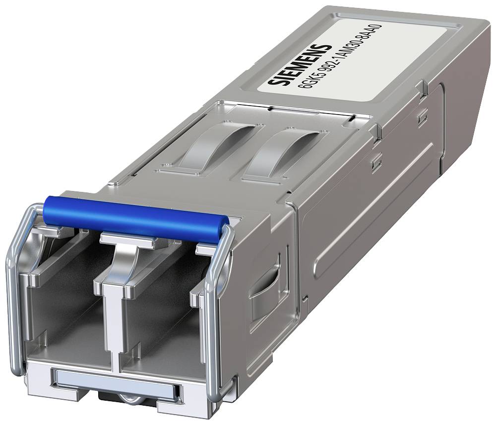 Een vierkante, metalen SFP-connector in zilver met blauwe vergrendeling, gemarkeerd met 'SIEMENS' en een reeks cijfers.