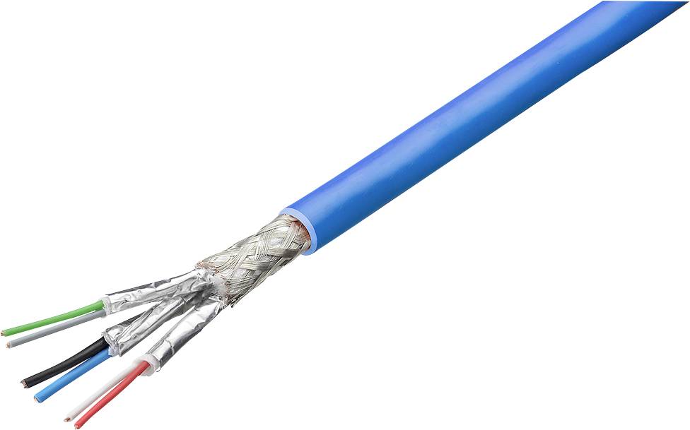 Doorsnede van een blauw afgeschermde kabel met vier geïsoleerde binnendraad blootgelegd aan het uiteinde.