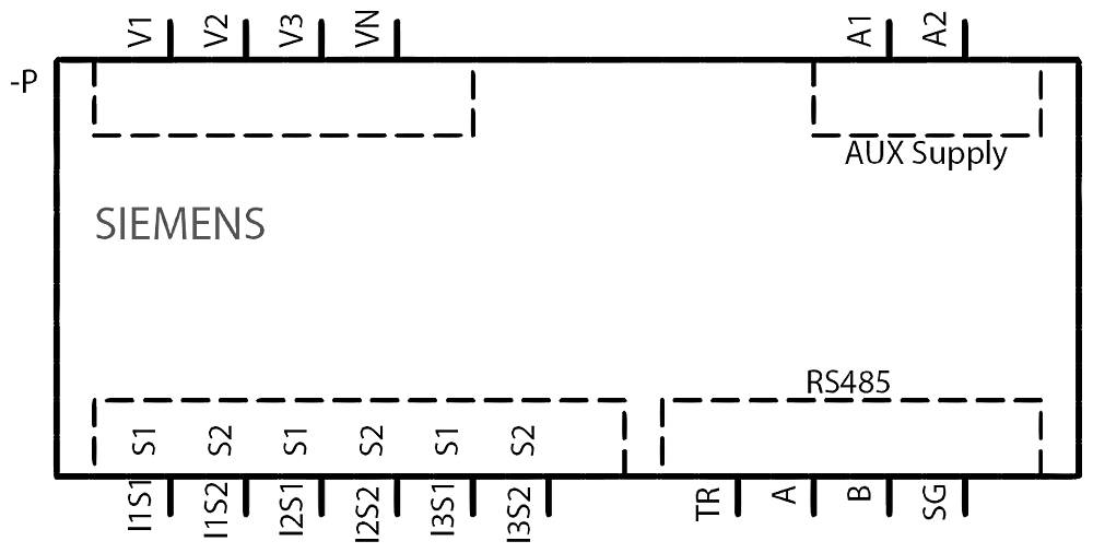 Diagram van een Siemens-apparaat met aansluitingen: AUX voeding, RS485, evenals meerdere spanning- en stroomklemmen, genaamd V1 tot VN en I1S1 tot I3S2.