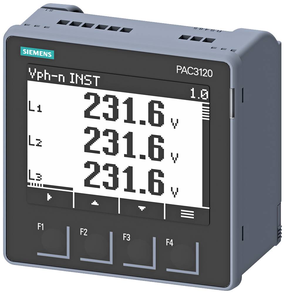 Een elektrisch meetapparaat geeft spanningsmetingen weer van 231,6 V voor L1, L2 en L3. Apparaat van Siemens, model PAC3120.