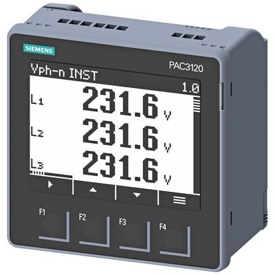 Een elektrisch meetapparaat geeft spanningsmetingen weer van 231,6 V voor L1, L2 en L3. Apparaat van Siemens, model PAC3120.