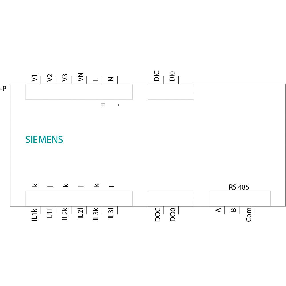 Siemens besturingsapparaat met meerdere aansluitingen, inclusief DIC, DIO, DOC, DOO en RS485-interfaces. Links ingangsklemmen V1 tot V3 en WN.