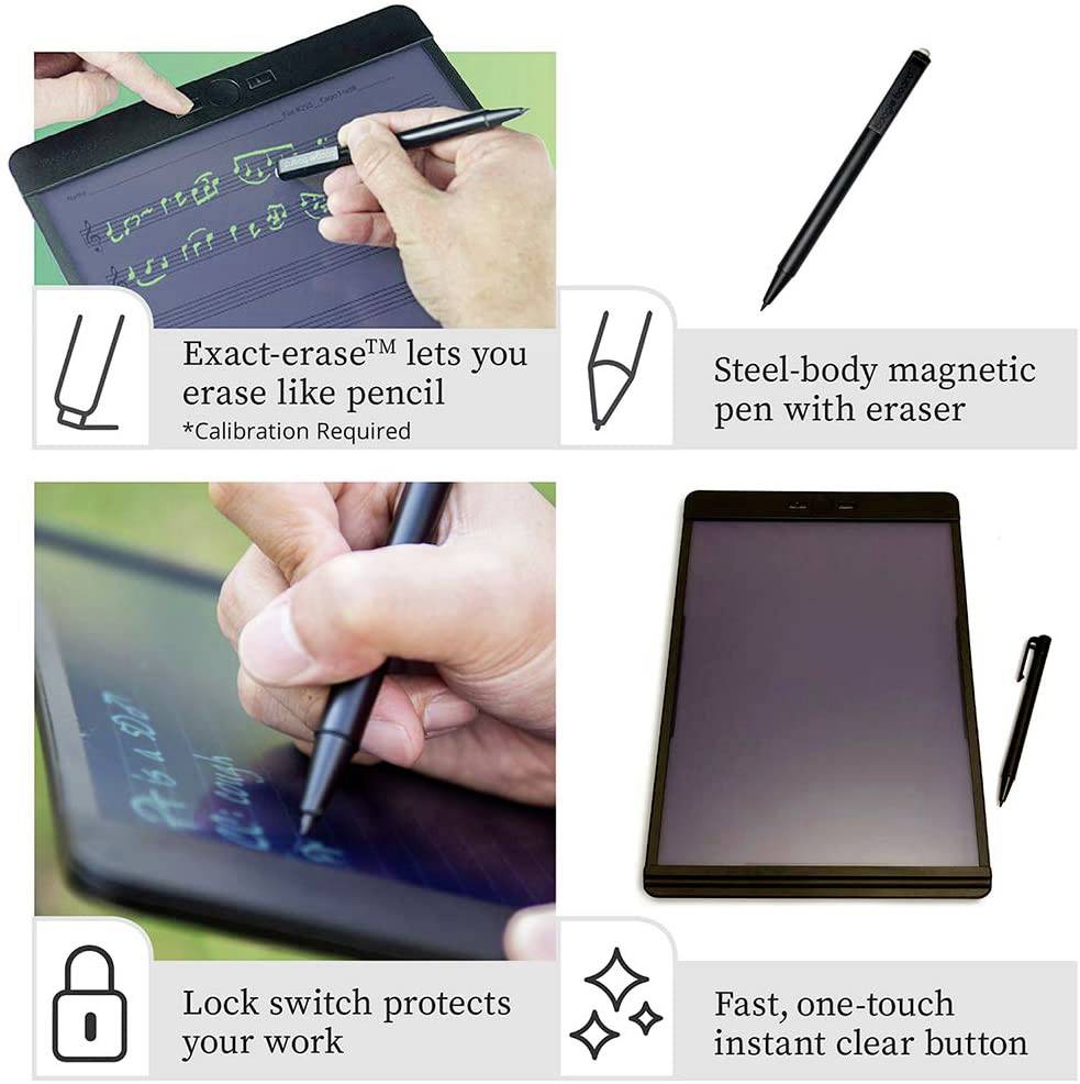 Afbeelding van een digitaal schrijftablet met gestileerde pen. Functies: 'Exact-wissen', magnetische pen, vergrendelschakelaar, snelwistoets.