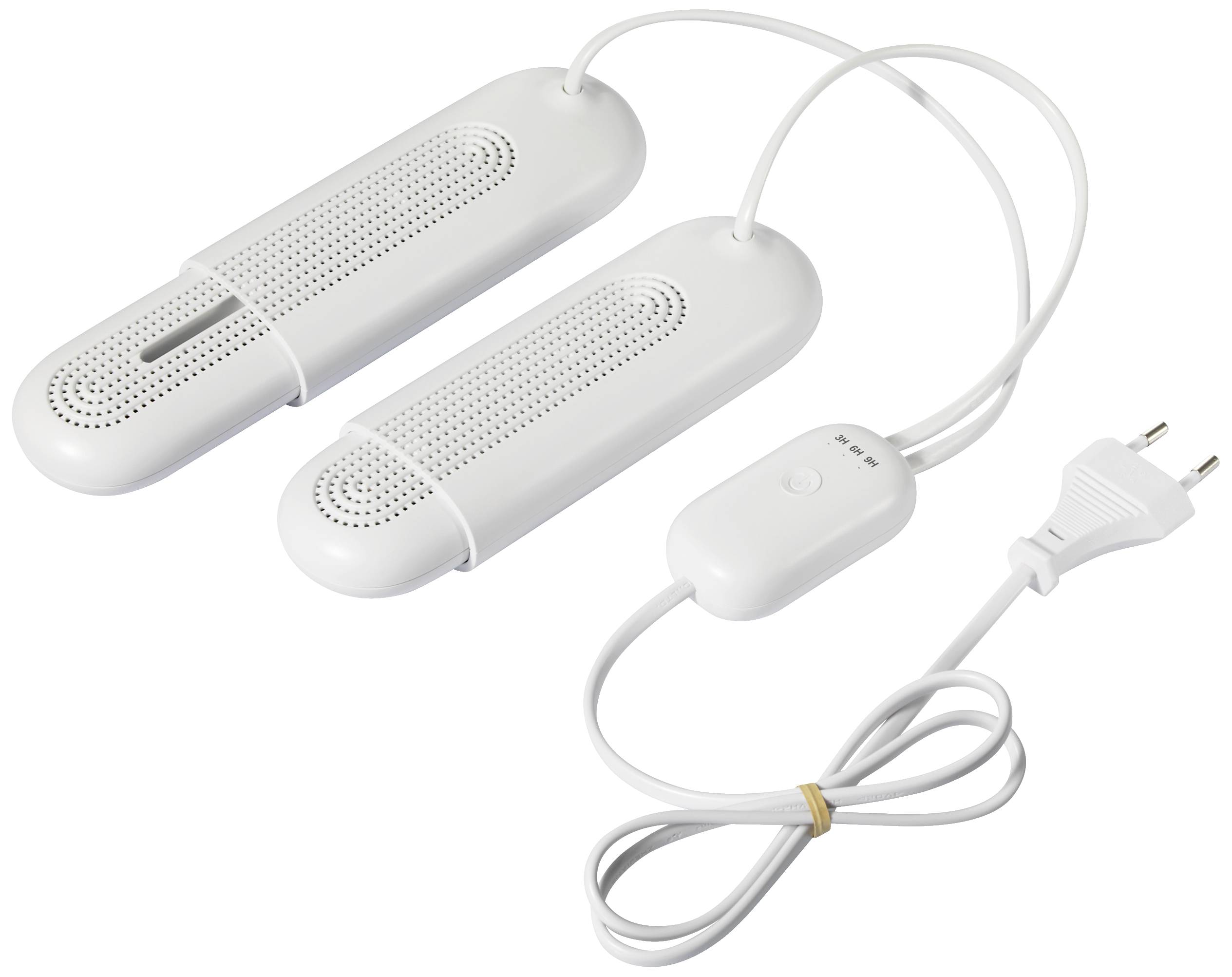 Twee witte schoendroogapparaten met geventileerde oppervlakken en een stroomkabel. Een schakelaar voor bediening bevindt zich in het midden van de kabel.