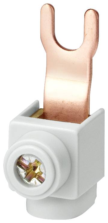 Een U-vormige koperen kabelschoen met zilveren schroefbevestiging, gemonteerd op een behuizing van wit kunststof, wordt gebruikt voor elektrische verbinding.
