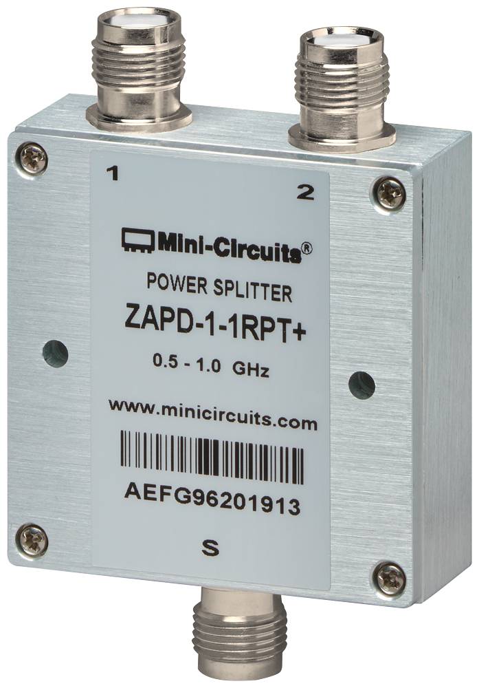 'Power Splitter' van Mini-Circuits, model 'ZAPD-1-1RPT+', frequentiebereik 0,5 - 1,0 GHz, met drie coaxiale aansluitingen.