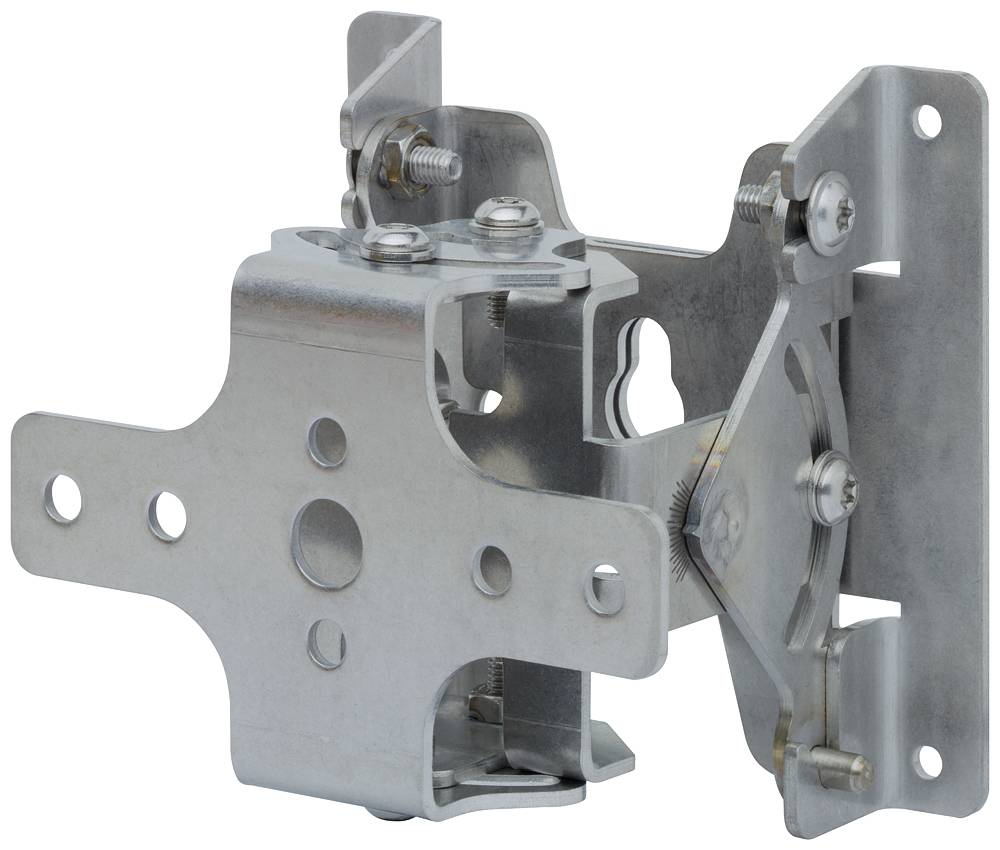 Een zilveren metalen scharnier met meerdere bevestigingspunten en schroeven, geschikt voor de montage van zware voorwerpen.
