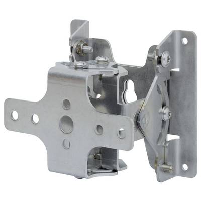 Metalen wandbeugel voor beeldschermen, verstelbaar, van zilverkleurig metaal met meerdere bevestigingspunten.