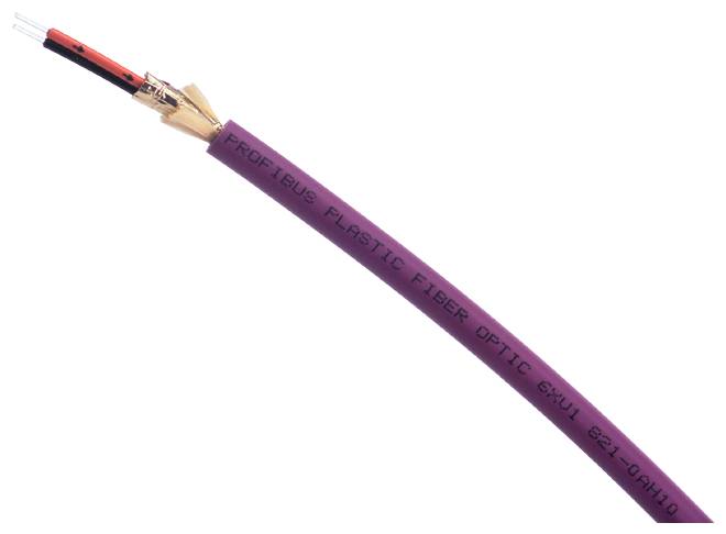 Paars PROFIBUS glasvezelkabel met de aanduiding 'PROFIBUS PLASTIC FIBER OPTIC' en gedetailleerde kabelstructuur zichtbaar.