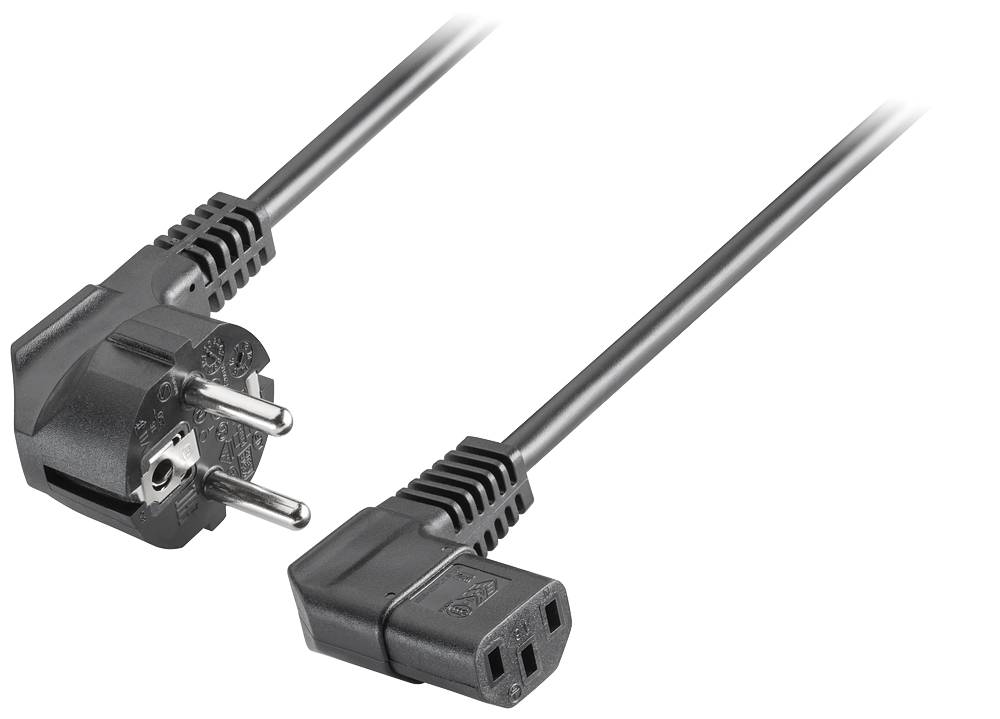 'Zwart netwerkkabel met Schuko-stekker en IEC-stekker, gebruikt voor het aansluiten van computers en elektronische apparaten op een stroombron.'