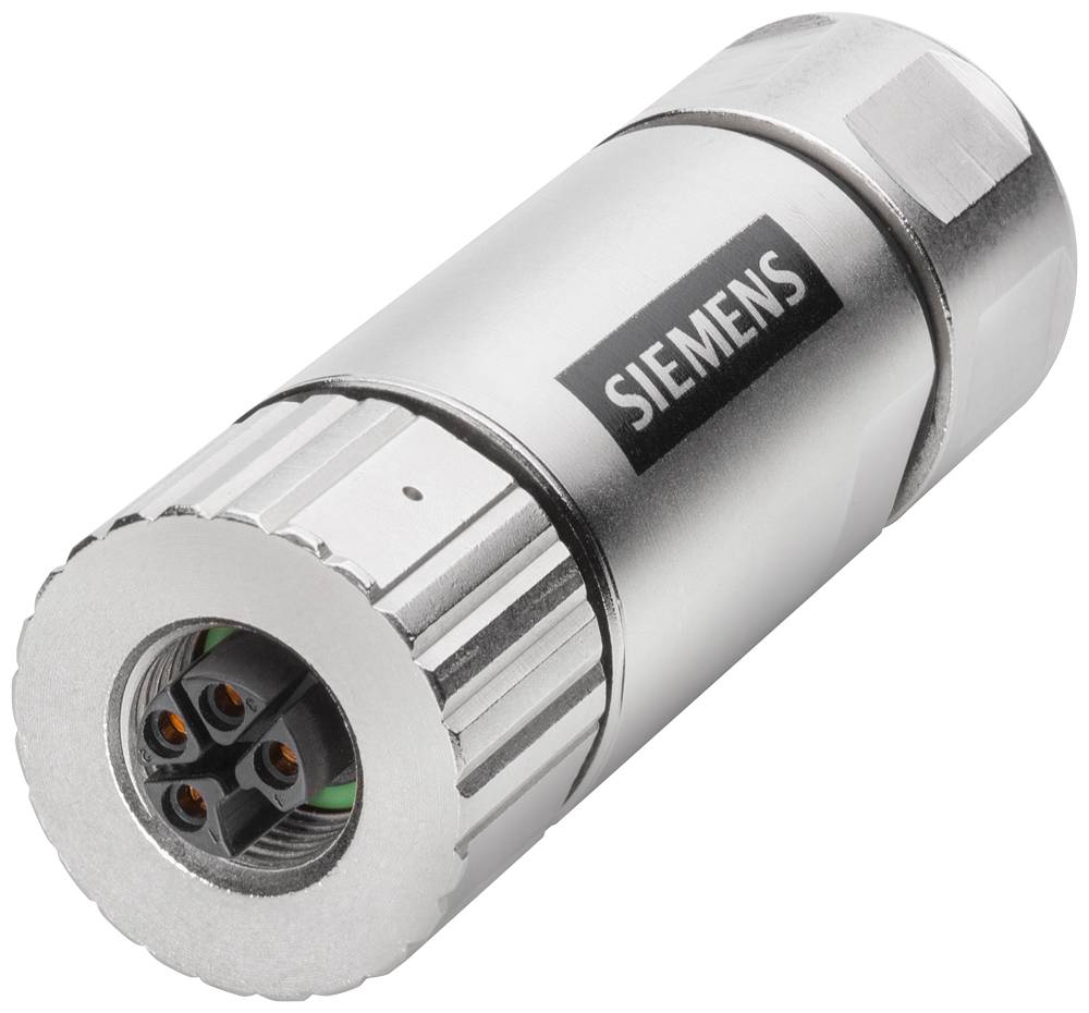 Een zilveren cilindrische connector met het 'Siemens' logo, toont vier contactpunten. Gebruikt in industriële toepassingen.