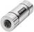 Een zilveren cilindrische connector met het 'Siemens' logo, toont vier contactpunten. Gebruikt in industriële toepassingen.