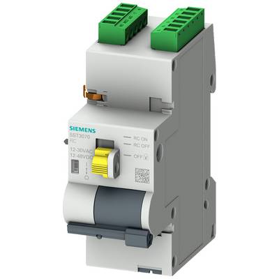 Een elektrische beveiligingsschakelaar van Siemens, model 5ST3070. Hij heeft groene aansluitingen bovenaan en een gele hendel aan de voorkant.