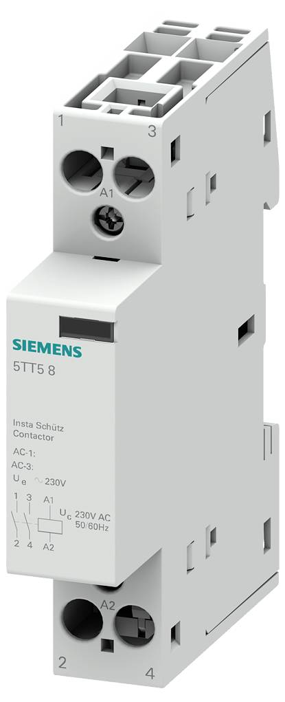Grijs-witte Siemens installatieautomaat met beschriftingen voor elektrisch gebruik. Beschrift met '5TT5 8', spanning 230V, frequentie 50-60Hz.