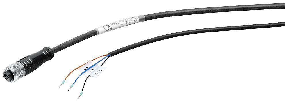 Een zwarte kabel met een ronde stekker en drie ongeïsoleerde draadeindes, gekleurd blauw, oranje en bruin, met een etiket 'D10'.