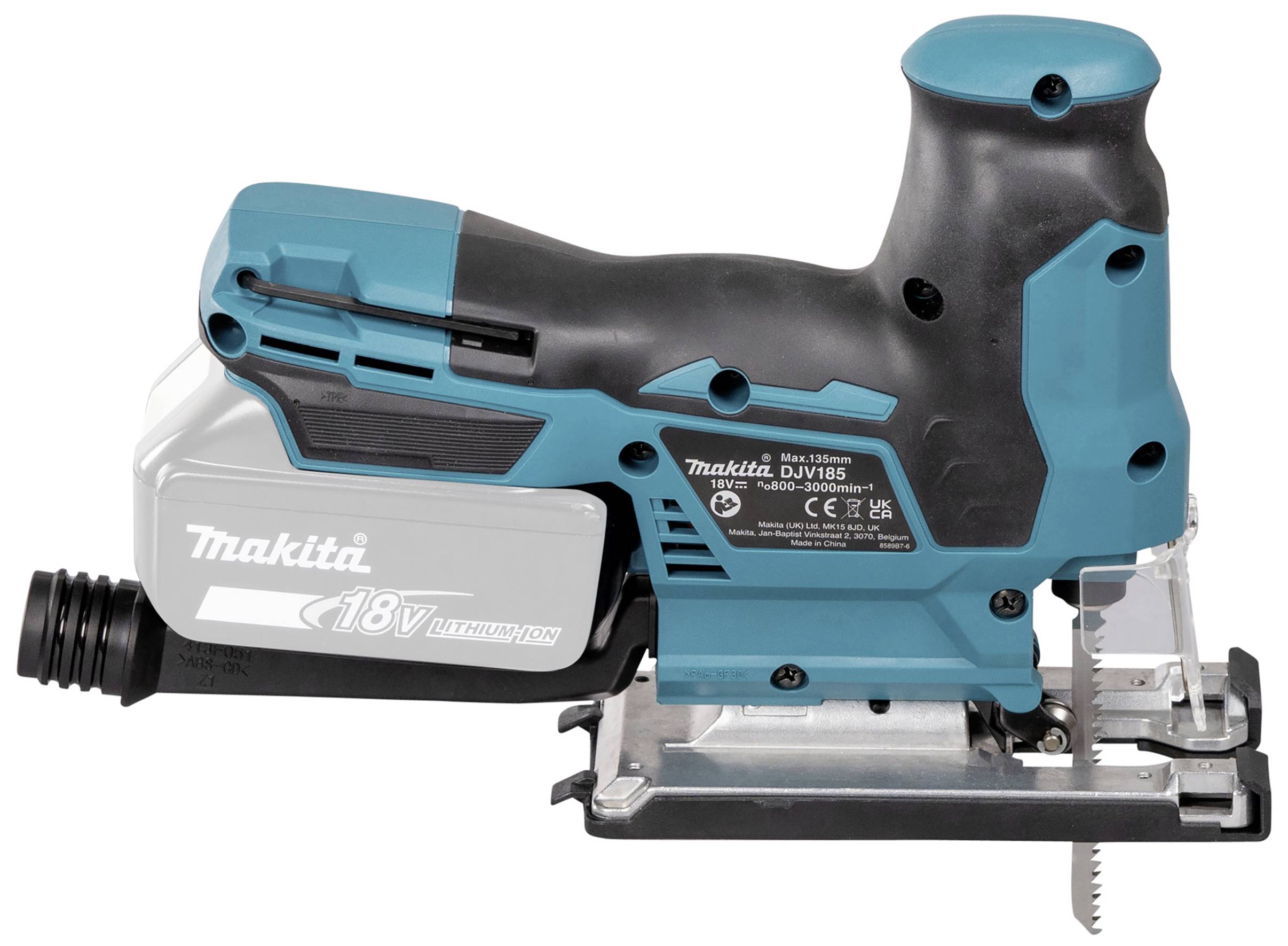 Een blauwe en zwarte accuzaag met het opschrift 'Makita 18V'. Hij is scherp en ontworpen voor nauwkeurig snijden van materialen.