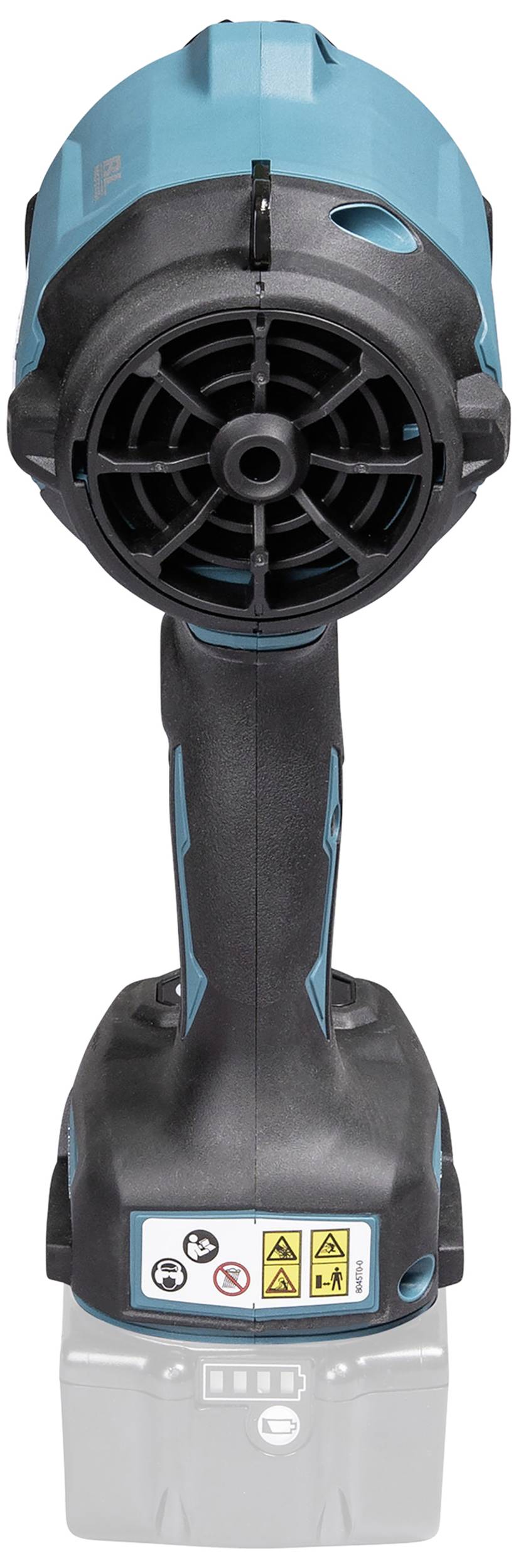 Draagbare handventilator in blauw en zwart met labels op de handgreep.
