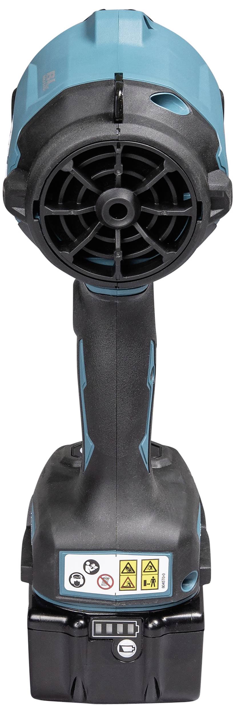 Accugedreven blazerventilator in blauw en zwart, frontaal afgebeeld, met waarschuwingsinstructies op het handvat.
