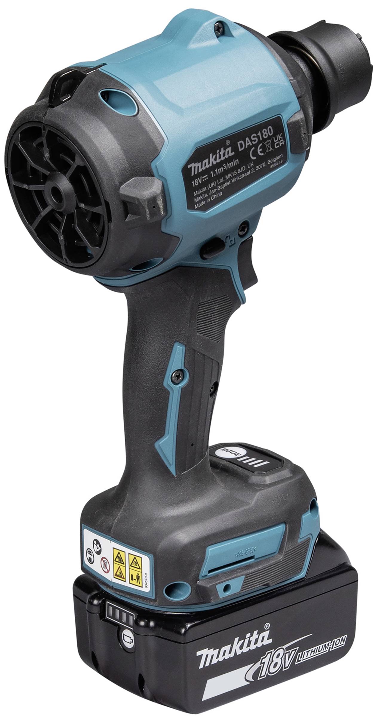 Accuschroevendraaier van Makita, model DAS180, met 18V lithium-ion accu, blauw-zwart, zijaanzicht.