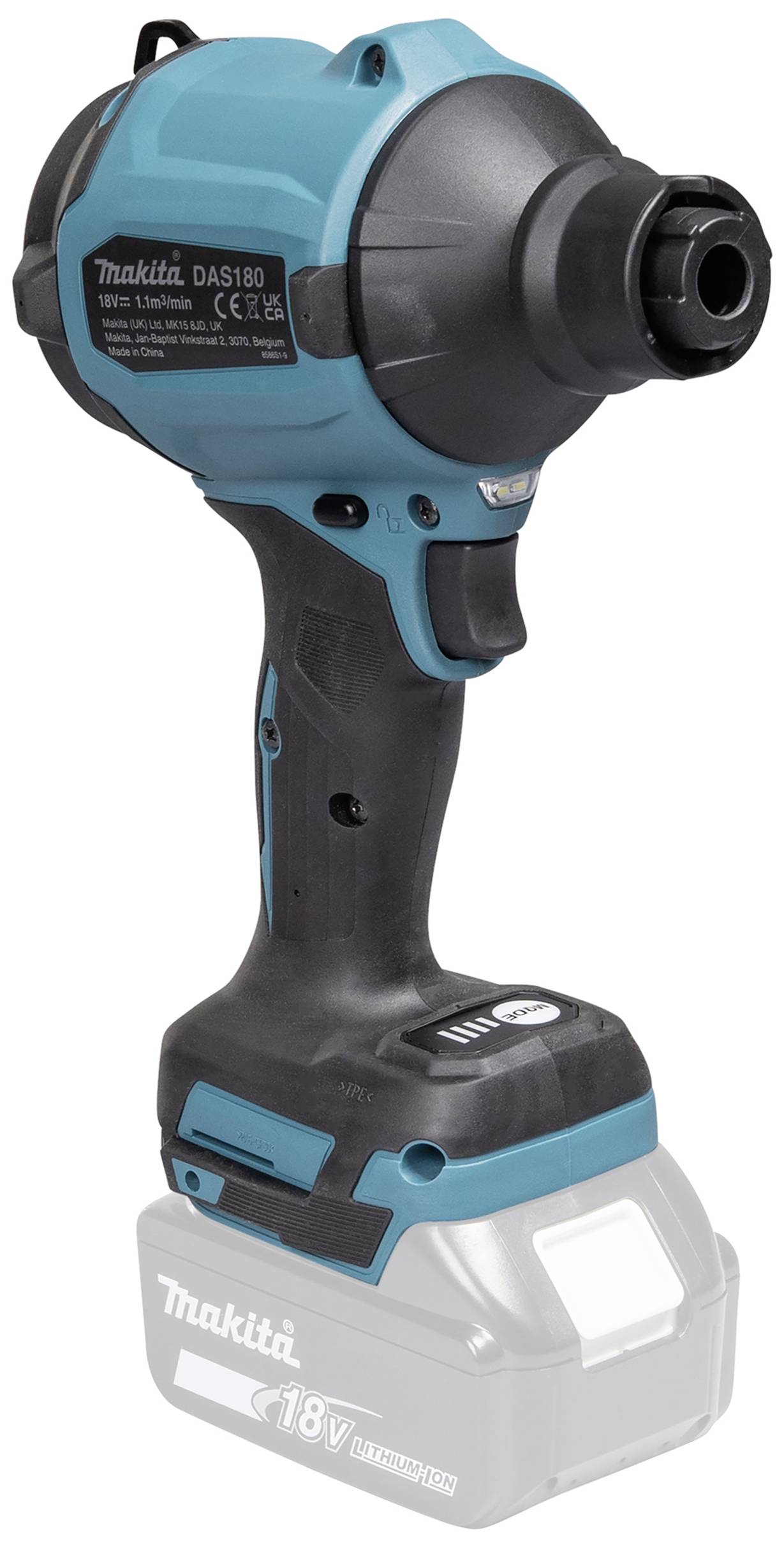 Slagschroevendraaier van Makita, model DTD146, zwart en blauw, met 18V lithium-ion accu, zijaanzicht van rechts vooraan.