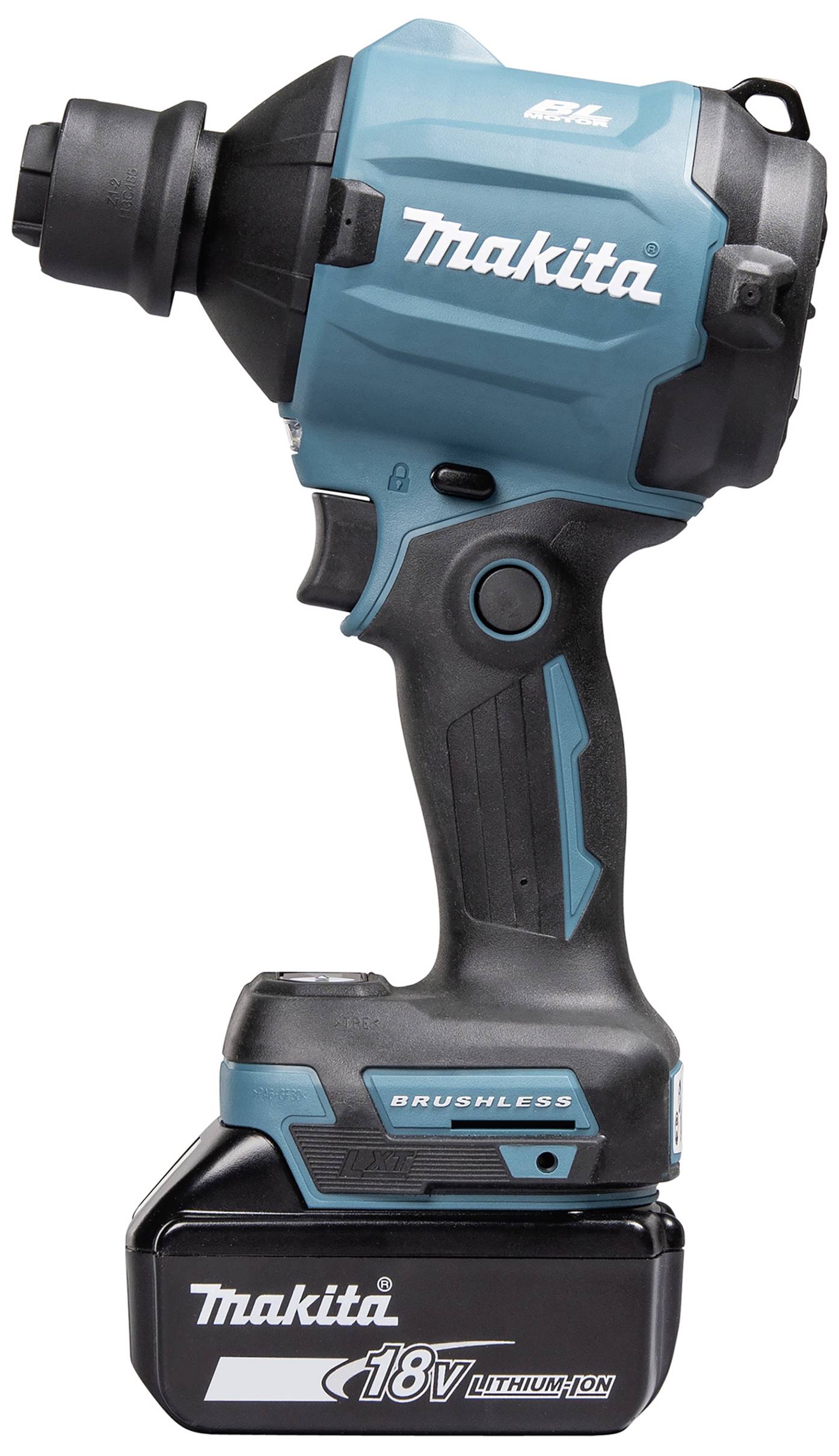 Een blauw-zwarte accuboormachine van het merk 'Makita' met een 18V-lithium-accu.