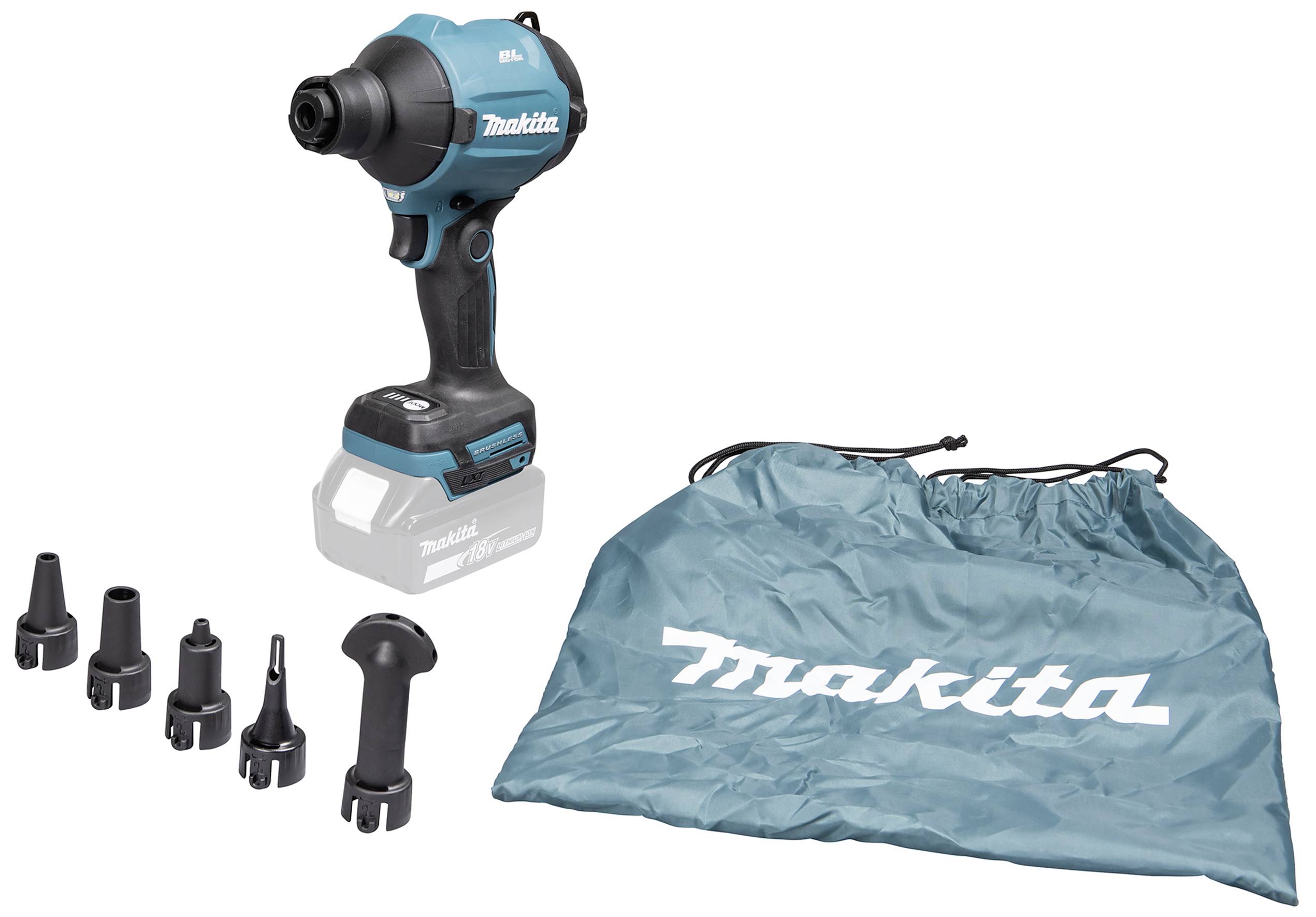 Een draadloze boormachine met meerdere opzetstukken en een tas met 'Makita'-logo; geschikt voor veelzijdige doe-het-zelf werkzaamheden.